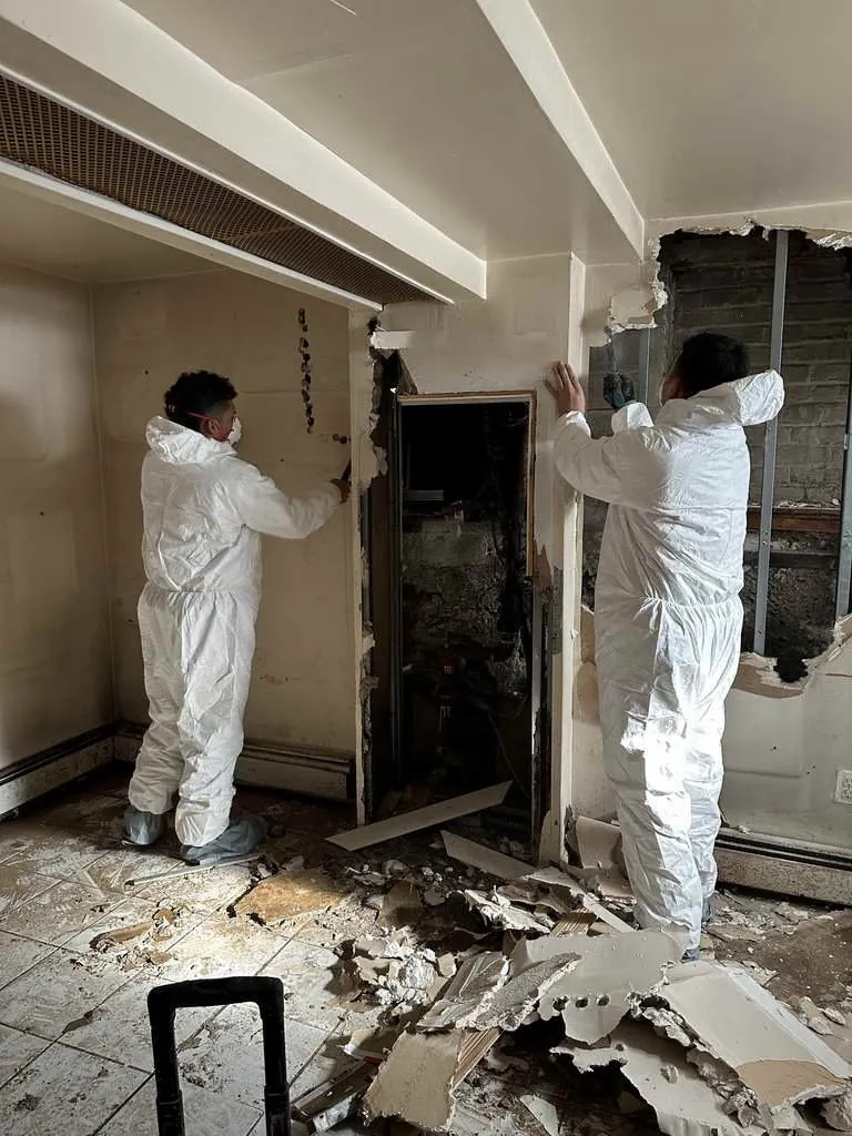 All Star Restoration technicians in protective suits removing water-damaged walls in Queens